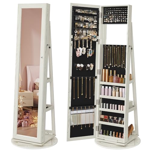 SONGMICS 360° Swivel Jewelry Cabinet, High Full Length Mirror, Lockable Jewelry Armoire, with Built-in Small Mirror, Rear Storage Shelves, White UJJC62WT