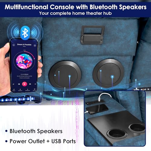 Image of Redlife Power Loveseat Recliner Sofa with Console, Leathaire Farbic Dual Reclining Couch with Blue LED Lights, Bluetooth Speakers, USB Ports, Phone Holders, Home Theater & RV Recliner (Navy Blue)