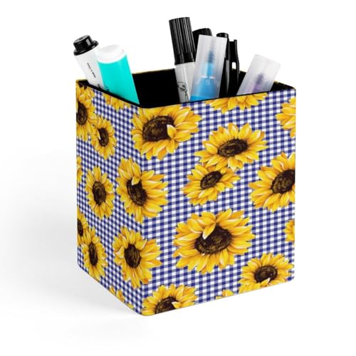 Quteprint Portalápices cuadrado, diseño de girasol, a cuadros, para escritorio, organizador de bolígrafos de oficina, accesorios de escritorio, soporte de brochas de maquillaje para el hogar y el baño
