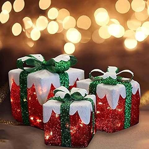 MorTime Set of 3 LED Gift Boxes Christmas Boxes with Green Bows, Lighted Red Boxes with 60 LED Light String for Christmas Indoor Outdoor Home Yard Party Decoration Cover