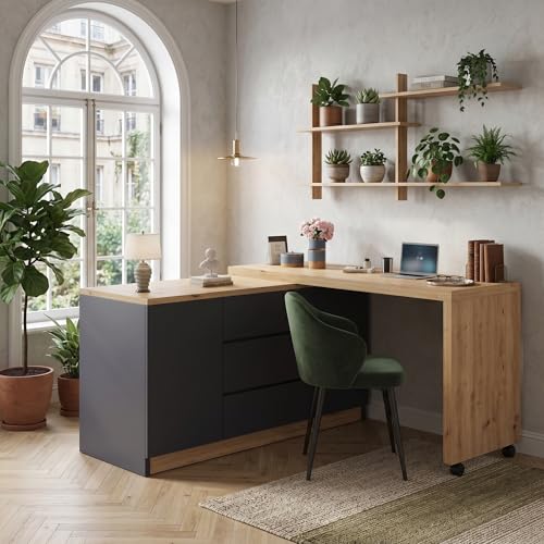 Ligterra Escritorio plegable, Escritorio con cajones, Escritorio de esquina, aparador, con ruedas con bloqueo, tablero giratorio, bloqueo fijo, 120 × 50 × 76,5 cm (gris+roble)