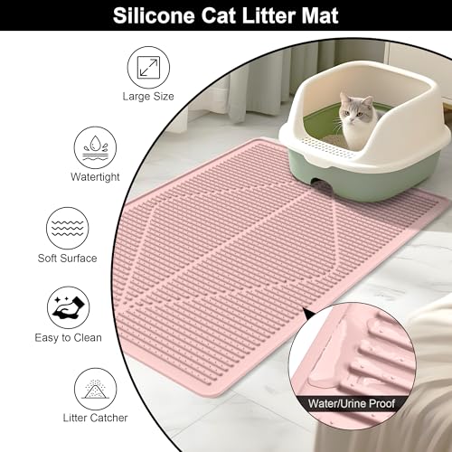 Image of Mofason Silicone Cat Litter Mat XXL - Pink Extra Large Cat Litter Box mat | Waterproof & washable 38 inchx25 inch kitty cat litter mat for floor, extra large litter trapping; cat litter catcher mat easy clean