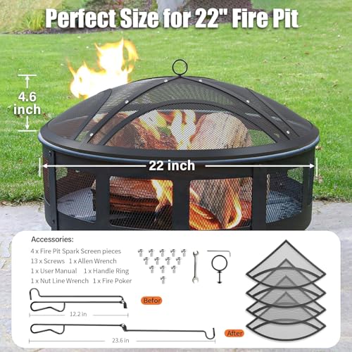 Fire Pit Spark Screen, 22 Inch Outdoor Fire Pit Screen with Handle & Poker, Heavy-Duty Steel Fire Pit Cover Round Mesh Replacement Firepit Screen for Backyard/Beach/RV Camping - Image 3