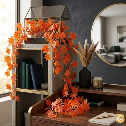 Image of SAUDEEP INDIA Artificial Red Maple Leaf Garland Vine | 7.2 Feet Hanging Bel Creeper with Realistic Fall Leaves | Fake Ivy for Home Decor, Balcony, Garden, Wedding & Festival Decoration (12 Vines)