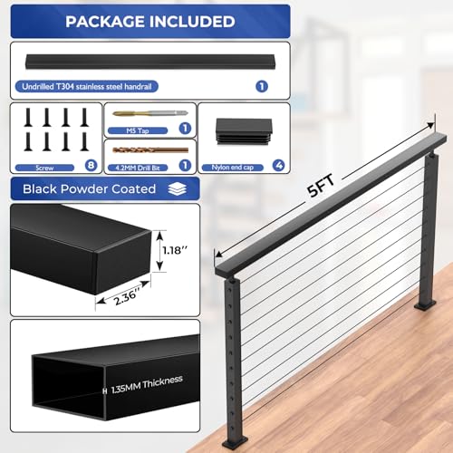 Image of Modular 1Pack 5FT Stainless Steel T304 Black Handrail for Cable Railing with Nylon End Cap Kits, 2.36 inch W x 1.18 inch H Cuttable Flat Handrail Rectangular Top Rail for Stair Railing Indoor Outdoor