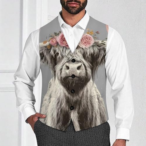 Rose Cute Highland Cow Men's Suit Vest Slim Fit Business Dress Party Pattern Waistcoat Vest Top2