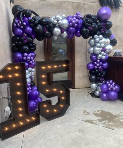Image of 70pcs 12 inch Purple Black Metallic Silver Latex Balloons with Purple Confetti for Halloween Birthday Anniversary Wednesday Graduation Party Decorations