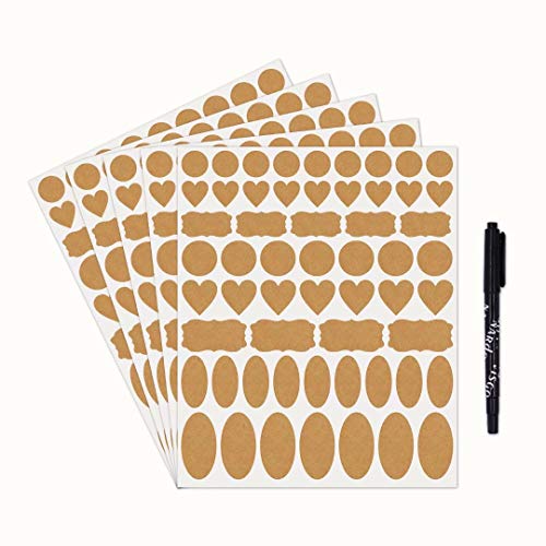 Choumia Kraft Labels Stickers 285 Self-Adhesive Removable Jars Labels with Permanent Black Marker, Assorted Sizes and Shapes to Decorate Handmade Gifts Kitchen Pantry Jars Essential Oil Bottles