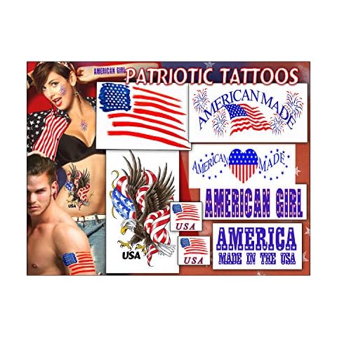 Temporary Tattoo Factory Patriotic Tattoos - Ultra Realistic Adult Tattoo Designs & Large Fake Tattoos - Long Lasting Waterproof Large Temporary Tattoo Set Ideal for July 4 (Pack of 8 Temp Tattoos) Cover