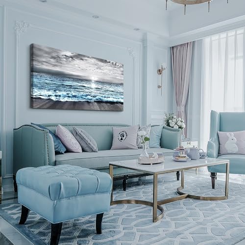 Canvas Wall Art For Living Room Wall Decorations For Bedroom Office Wall Decor Black And White Wall Painting Blue Ocean Sea Wave Pictures Artwork For Modern Framed Beach Posters Home Decor 20"X40"