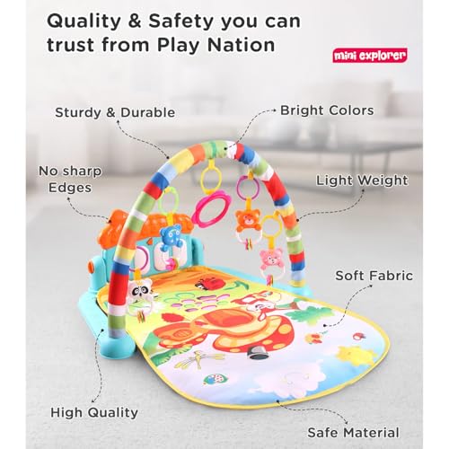 Image of MiniExplorer Play Mat for Babies 0-12 Months | Play Gym for Babies 0-12 Months with Kick & Play Piano | Baby Play Mat 0-2 Years | Newborn Toys 0-6 Months | Baby Gym Mat with Hanging Toys
