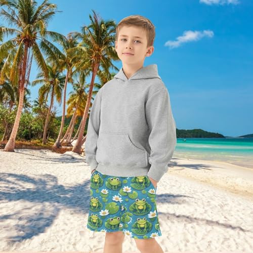 Boys Athletic Shorts with Pockets Green Frog Lotus Running Basketball Shorts for Youth Elastic Waist Size 7-84