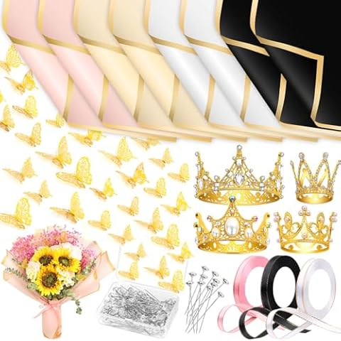 cridoz 195Pcs Flower Bouquet Accessories Supplies, 40 Flower Wrapping Paper, 4 Gold Crowns, 48 Butterfly Decorations, 100 Flower Pins and 3 Ribbons for Mother's Day Wedding Baby Shower Graduation Cover