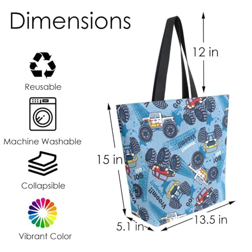 Vroom Quoted Blue Truck Canvas Tote Bag for Women with Zipper Pocket Reusable Grocery Shopping Bags Large Travel Shoulder Bag Handbag Bags4