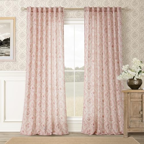 Image of Pink Linen Floral Pattern 96 Inch Curtains 2 Panel Set for Living Room | Semi Sheer, Light Filtering, Window Curtains, Blush Flower, Plant Leaf Print, Vintage, Boho, Drapes for Bedroom , Nursery