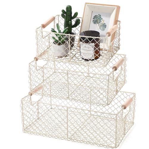 Honeydak 3 Set Wire Basket for Organizing with Wooden Handle Vintage Style Rectangle Mesh Metal Basket Food Storage Organizer for Home Kitchen Pantry Bathroom Picnic Cabinets (White)