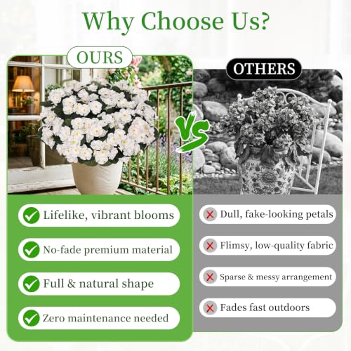 LetuoClips Artificial Geranium Flowers for Outdoors Decoration,6 Bundles Silk White Flower UV Resistant Fake Plants for Front Garden Porch Planter Patio Balcony Yard Indoor Home - image 2