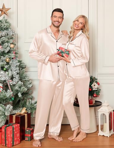 LecGee Couples Matching Pajamas Set Button Down Sleepwear Long Sleeve Loungewear Silky Satin 2 Piece Pjs (Men Champagne X-Large)3