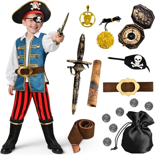 Mishopy Piratenkostüm Kinder Jungen mit Piraten Zubehör Piratenhut Stirnband Augenklappe Kompass Geldbeutel Ohrring Karte Halloween Karneval Kostüm für Kinder 3 4 5 6 7 8 9 10 11 Jahren (M)