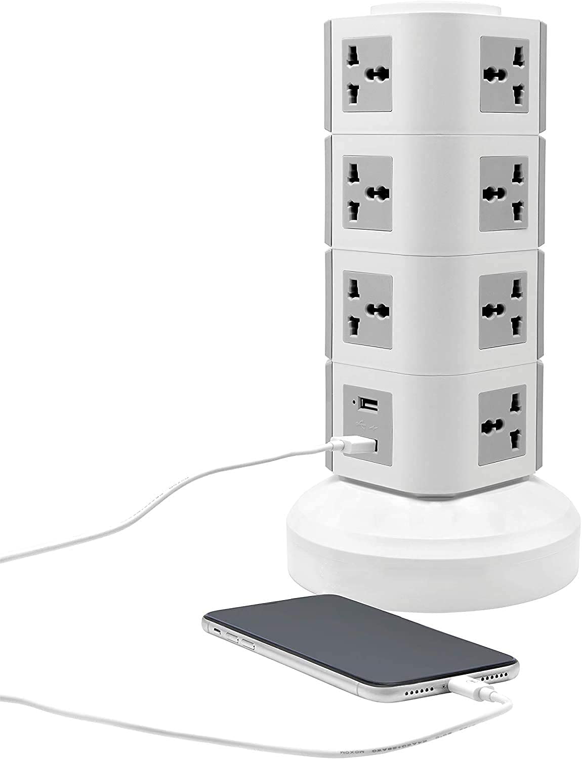 Quesera® Universal Multi Socket 220V Tower Extension with USB Ports 3M Cord & UK-Plug Power Strip Multi Charging Station (4 LAYER MULTIPLUG WITH USB PORT-GRAY)