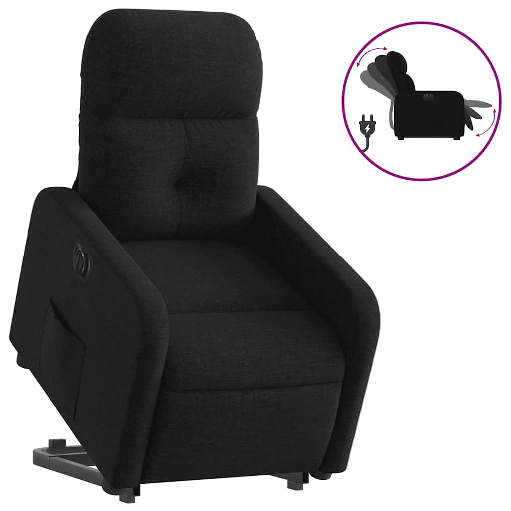Sillón elevador reclinable eléctrico de tela negra con motor para elevación e inclinación hasta 135 grados, estructura estable y bolsillo lateral para máximo confort