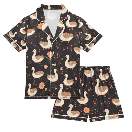 senya Geese Black Flower Satin Summer Pajama Sets Silk Short Sleeve Button Down Sleepwear