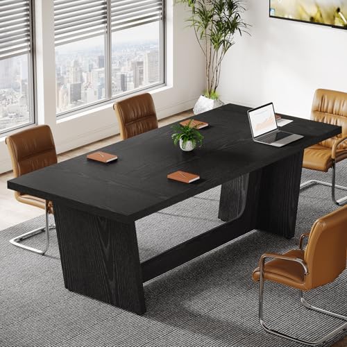 Tribesigns 6 FT Conference Table, 71' Rectangular Meeting Table for Office Conference Room, Large Executive Seminar Desk for 6-8, Wooden Business Boardroom Table with Heavy-Duty Pedestal Base, Black