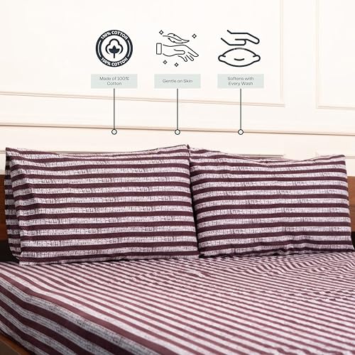 Image of Amazon Brand - Umi Cotton Fitted Bedsheet, Queen Size 78x60 Inches, Elastic Fit Bed Sheet, 10 Inch Deep Pocket, Soft Breathable Bedding, Durable Easy Care, with Pillow Cover-Marron Stripe