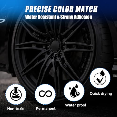 Image of Matte Black Rim Touch Up Paint, 2-in-1 Brush & Tip, 0.4 fl oz - Universal Black Rim Curb Rash Repair Kit for Scratches, Scuffs Alloy /Metal Wheels, OEM Color Match, Quick-Dry & Long-Lasting