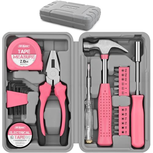 Hi-Spec 24-tlg. Kleiner Werkzeugkoffer für Frauen – Rosa-Mini-Werkzeug-Set mit Hammer und Schraubenzieher Set. Pinke Werkzeugbox ideal für WG-Zimmer und unterwegs