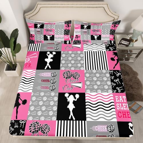 jejeloiu Cheerleading Bed Sheets Set Full Size for Kids Teens Girls Woman Gymnastics Lovers Fitted Sheet Cheerleading Gift Ideas Bedding Set Gymnast Cheer Sport Bed Cover Room Decor