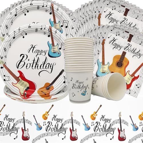 Doyomtoy Louça para festa de musicais, 61 peça guitarra musical de festa de rock decorações, para guitarra decorações de aniversário pratos chávenas guardanapos de material de festa tema musical