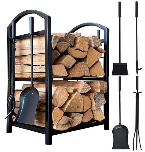 QUICK STAR Estantería de metal para leña de chimenea, 45 x 30 x 74 cm, almacenamiento interior con...