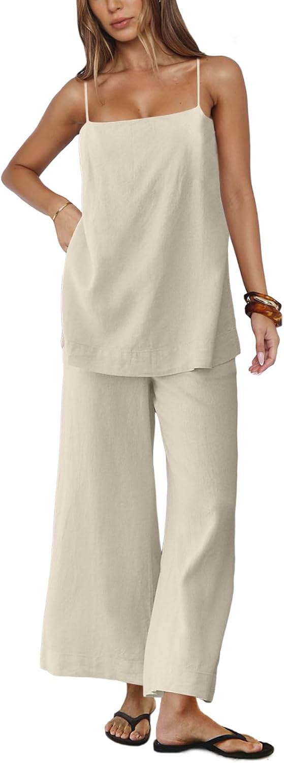 UNIANKIYA 2 Piece Sets for Women Summer Spaghetti Strap Tops and Linen Pants with Pockets Beach Vacation Clothes Casual - Image 2