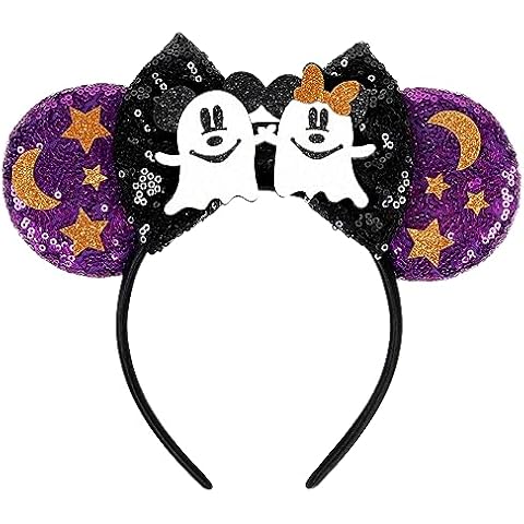 WOVOWOVO Halloween Mouse Ears Headbands for Women Girls, Bow Decoration Hairbands with Ghost Purple Sequin Headband Party Cosplay Hair Accessories Costume Cover