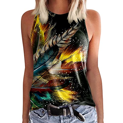 Camiseta de tirantes de encaje negro para mujer con cuello redondo, sin mangas, estampado, informal, holgada, básica, de playa, amarillo, M