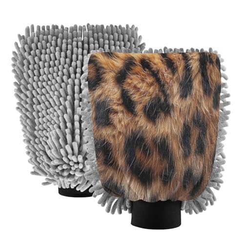 Kigai Beautiful Brown Leopard Print Car Wash Mitt Microfiber, 2Pcs Scratch Free Lint-Free, Premium Chenille Microfiber Mitt Car Wash Brush-M