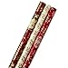 Hallmark Reversible Christmas Wrapping Paper Set with Ribbon and Gift Tag Stickers (Traditional Red and Gold, 3 Rolls of Wrapping Paper and Ribbon)