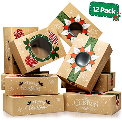 Christmas Cookie Boxes with Window â€“ Bulk 12 Pack Kraft â€“ Large Holiday Christmas Food, Bakery Treat Boxes, Candy and Cookie Boxes for Gift Giving â€“ Kraft Packaging Containers & Tins with Lids