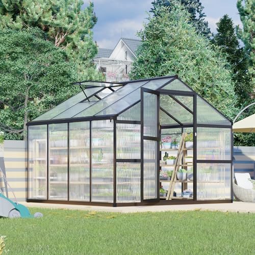 8 x 8 FT Greenhouse for Outdoors Polycarbonate Garden Backyard Greenhouse with Adjustable Roof Vent Aluminum Large Walk in Greenhouse Dark Gray
