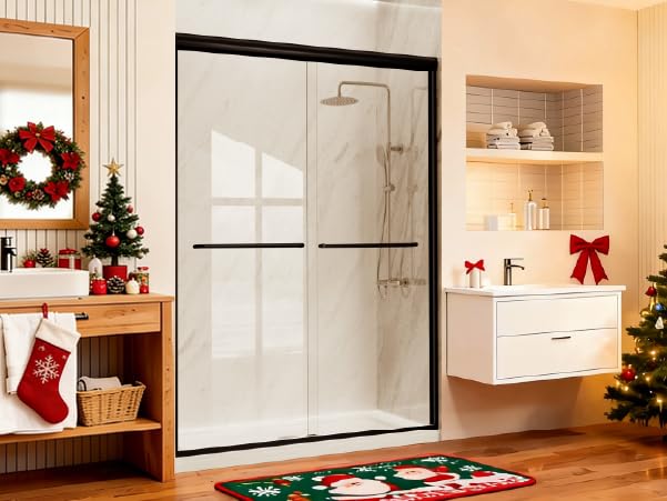 Semi-Frameless Shower Door Double Sliding for Bathroom, Reversible Bathroom Glass Shower Door with Two Handles in Matte Black (60' x72', Matte Black)