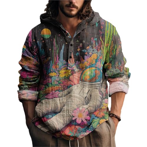 MARSVOVO Novelty Hippie Light Weight Hoodie for Men Long Sleeve Hooded Shirt Casual Quarter Button Tops for Spring Fall - Main Image