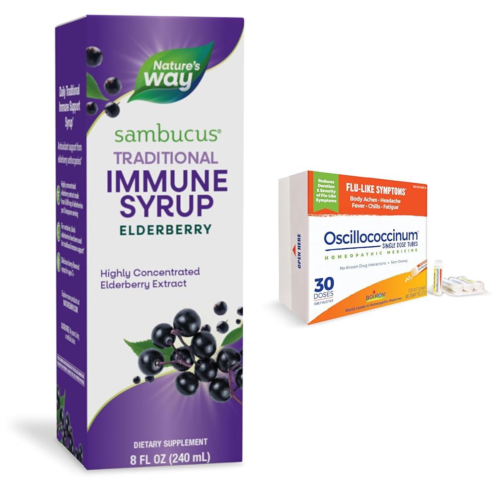 Nature's Way Sambucus Elderberry Traditional Immune Syrup, Highly Concentrated Black Elderberry & Boiron Oscillococcinum for Relief from Flu-Like Symptoms of Body Aches, Headache, Fever, Chills