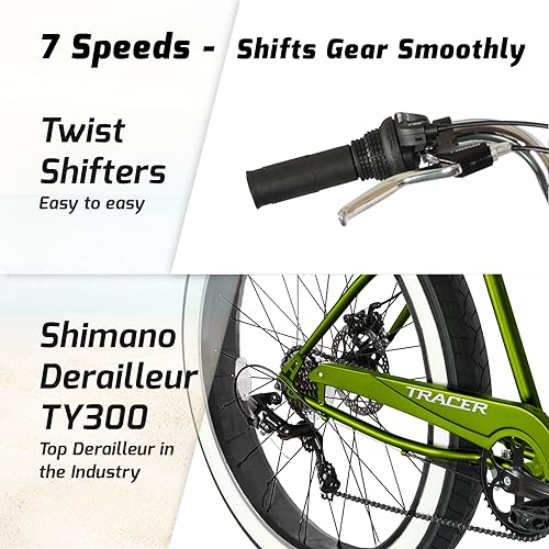 Bicicleta Tracer 1 Cruiser Playera, 7 velocidades con frenos de disco, ruedas de 26 pulgadas, color verde miniatura 6