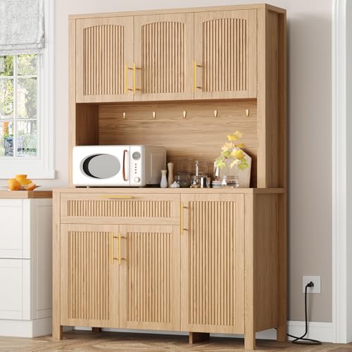 Image of Fluted Kitchen Pantry Storage Cabinet with Charging Station, Coffee Bar Cabinet with Drawer & Adjustble Shelves, Tall Kitchen Hutch Cabinet with Microwave Stand, for Dining Room, Natural Oak