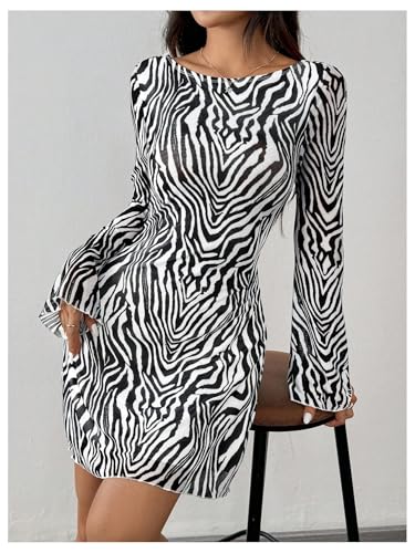 Image of MakeMeChic Women's Cheetah Print Mini Dress Y2k Bell Sleeve Leopard Print Dress Going Out Outfits