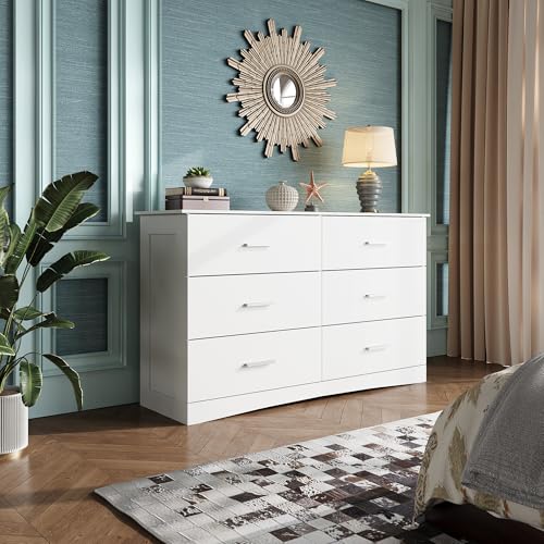 WLIVE White Dresser with 6 Drawers, Wide Wood Chest of Drawers for Bedroom, Large White Storage Tower Unit, Modern Minimalist Closet Store Organizer for Living Room, Hallway