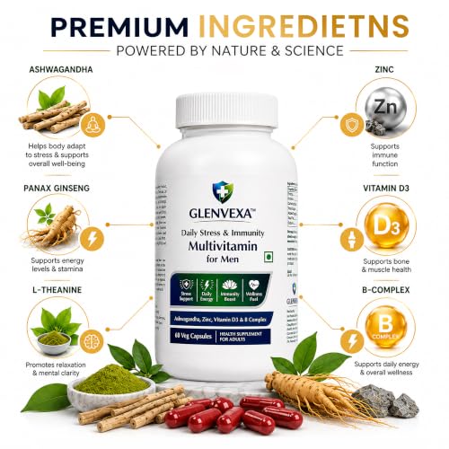Image of Multivitamin for Men | 17 Essential Vitamins & Minerals with Ashwagandha Extract 500mg, Panax Ginseng, L-Theanine, Zinc, Vitamin D3, Vitamin C & B-Complex | Daily Energy, Stress & Immune Support | 60 Veg Capsules