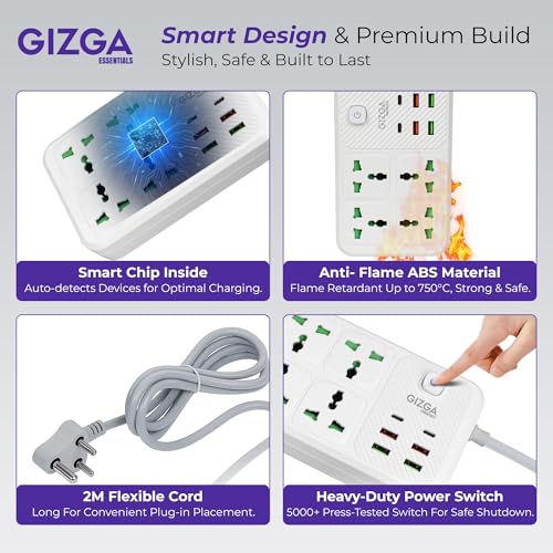 Image of Gizga essentials Power Extension Board with 4 Universal Sockets, 4 USB & 2 Type C Port| Socket with 2M Cord, Surge Protector, Child Safety, Anti-Flaming Body, 10A Output, 250V Multi Plug Adapter