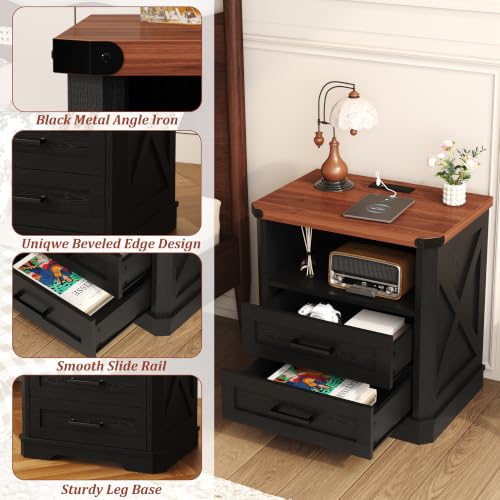 Image of Yusong 23.62 inch Tall Farmhouse Nightstand, Rustic Wooden Night Stand with Charging Station, Beside Table with Drawers and Open Storage, End Tables for Bedroom, Black